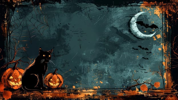 Black cat sitting next to pumpkins, with bats and spider webs.frame with space for Halloween text