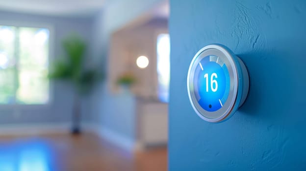 Climate control shows 16 degrees in the room close-up. Modern technologies, the concept of a comfortable life.