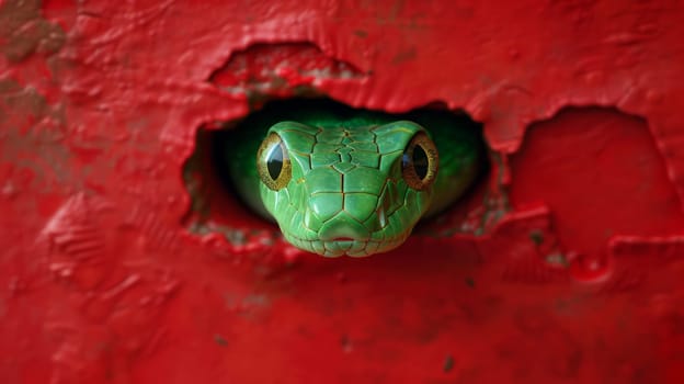 A green snake peeking out of a hole in a red wall.symbol of the year
