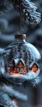 A glass ornament with a house and trees inside of it