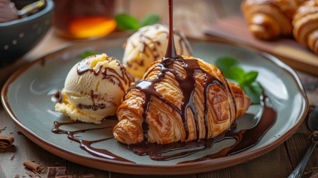 Dessert with ice cream and a croissant with chocolate sauce poured over it