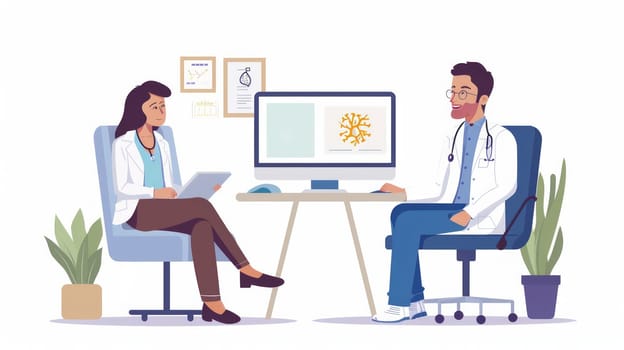 Man and woman in medical gowns sitting at table with computer monitor