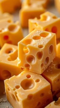 Pile of cheese cubes with holes on the table