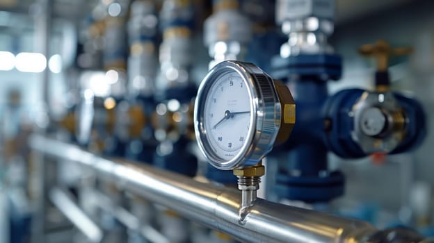 Close-up of a pressure gauge on pipes in industrial conditions