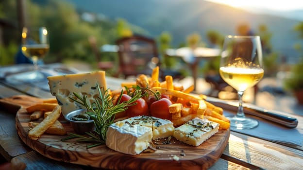 Wooden cutting board with cheese, tomatoes and bread on it with two glasses of wine side by side.