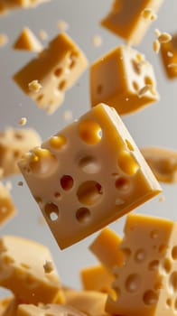Flying cubes of cheese, on a light background.