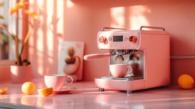 Pink Espresso Machine with Cup and Saucer on Stand in Pink Interior
