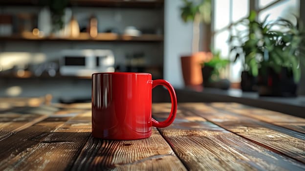 A red mug of coffee stands on a wooden table in front of plants against the blurred background of a kitchen or cafe