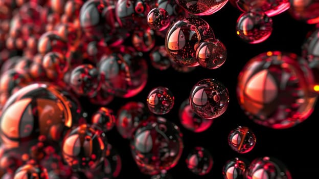 A bunch of red transparent bubbles float against a dark background.