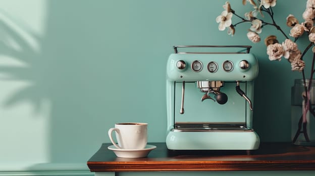 Coffee maker and cup on the table next to a vase with a copy space