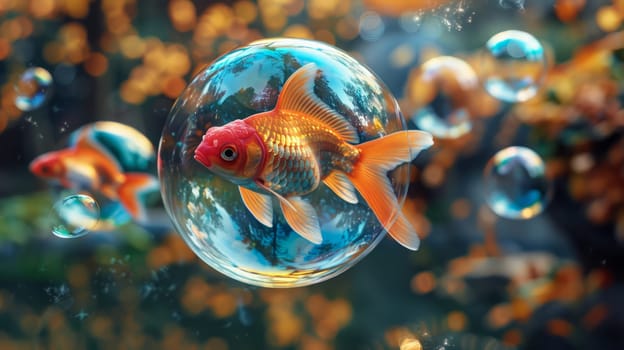 A close up of goldfish swimming in bubbles surrounded by other fish.