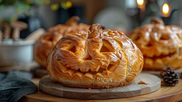 Close-up of baked pumpkin pie on wooden board .