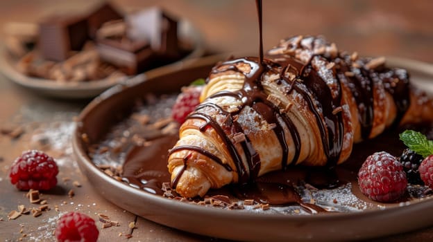 A dessert with chocolate drizzled on top of it and raspberries .