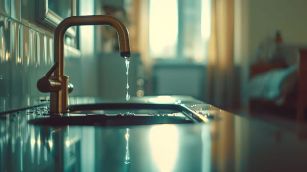 Close-up of faucet dripping water into sink against blurred window background