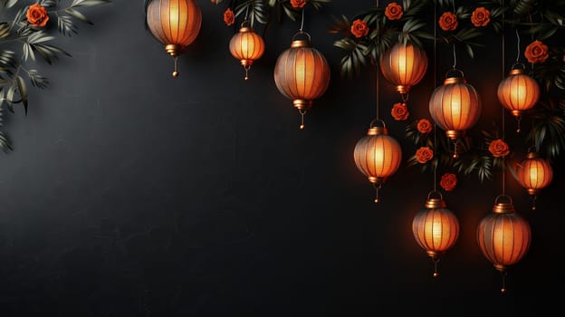 Lanterns hanging on a dark background with flowers with space for copying