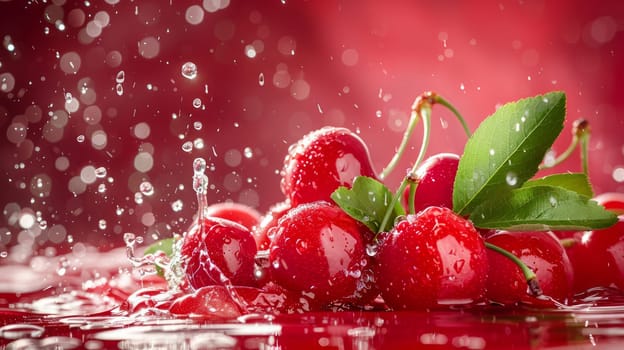 Bunches of cherries with green leaves lie on the table in a splash of water.