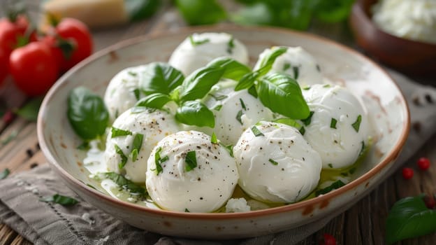 A bowl of mozzarella balls with basil and tomatoes on a table