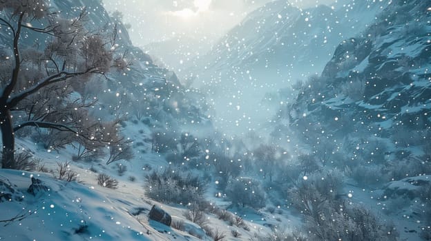 Snow covered mountain with trees and snowfall .