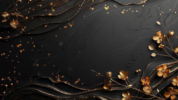 Black background with golden flowers and leaves on it with space for copying