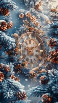 A clock surrounded by pines and snowflakes.