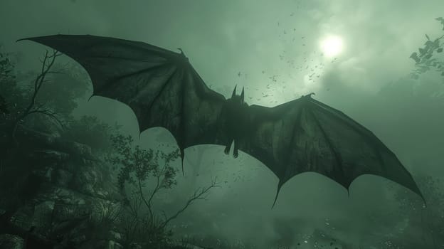 A large bat flies through the air in a dark forest.
