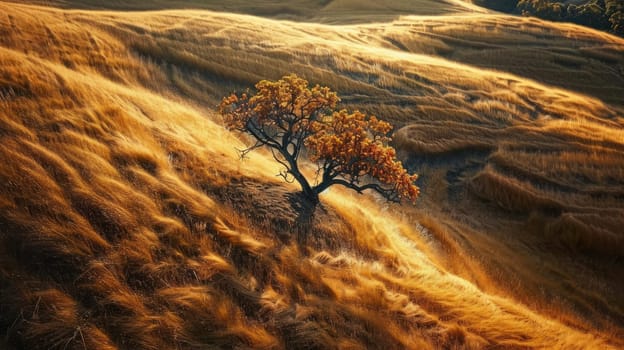 A lonely tree in a field with tall grass and weeds