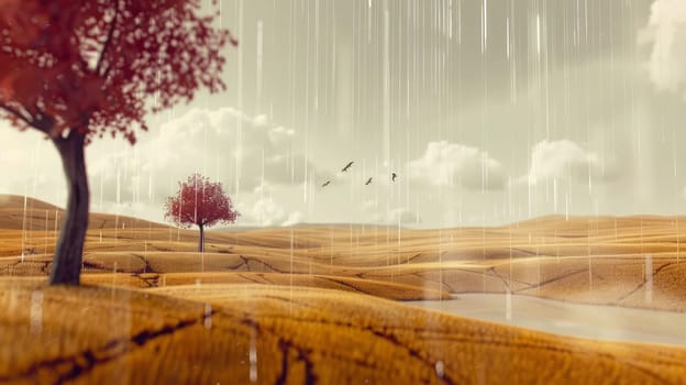 Painting depicting a tree and birds in the rain