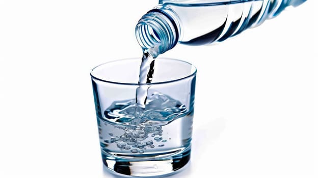 A jet of water from a bottle is poured into a transparent glass glass on a white background