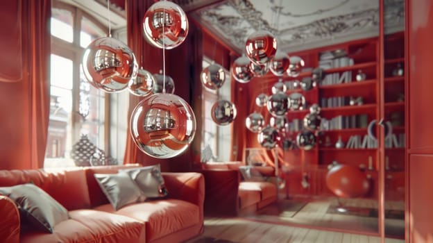 A room with a red sofa and many shiny balls is reflected in a large mirror