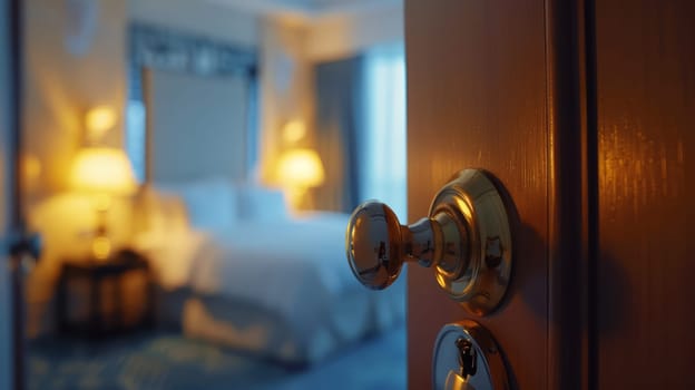 A door to a bedroom with bed and lights on in the background .