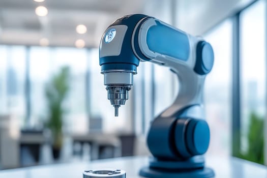 Blue and white robotic arm with advanced gripping tool in sterile high-tech environment.
