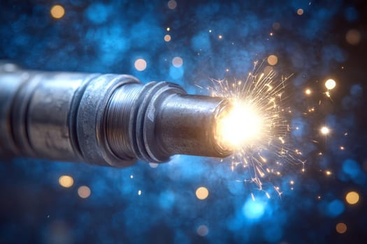 Close-up of metal pipe emitting bright sparks against blurred blue background, industrial concept.