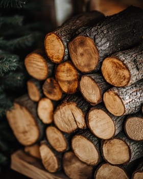 Close-up of stacked logs with visible bark texture, pine needles in foreground.