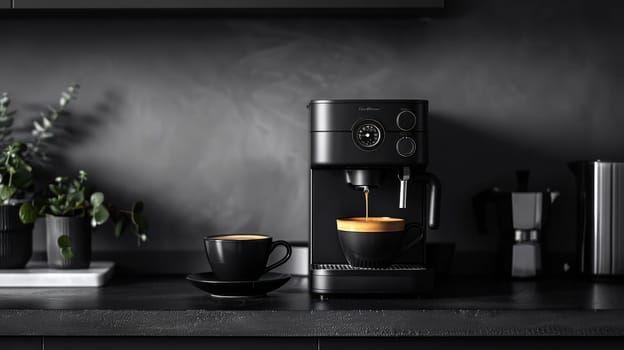 Black coffee maker with two cups of hot liquid on a rack in a dark interior with space for copying