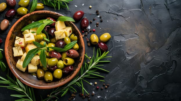 Bowl of olives and cheese with herbs on a black table with copy space