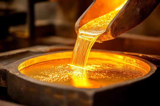 Fiery liquid metal streams from large crucible into mold, intense heat visible.