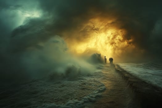 Dramatic storm clouds and crashing waves frame silhouettes walking on a breakwater illuminated by golden light.