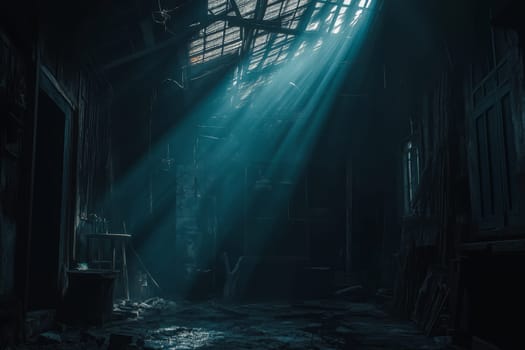 Sunbeams piercing through a damaged roof in an abandoned industrial building, creating an ethereal atmosphere.