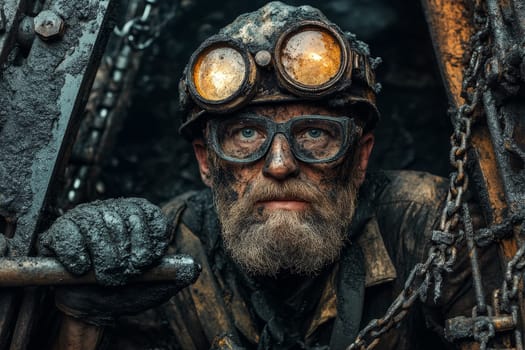 Close-up of a bearded industrial worker with piercing blue eyes, wearing protective gear and illuminated helmet.
