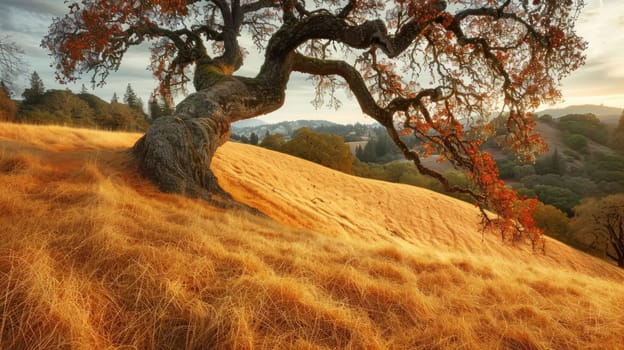 A tree on a hillside with golden grass and hills in the background