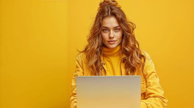 Woman in yellow jacket sitting at table with laptop on yellow background.copy space