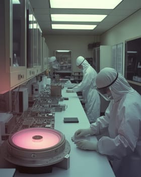 Workers in protective suits operating on circuit boards in sterile laboratory setting.