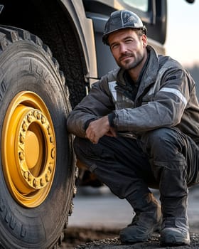 Bearded man in hard hat and safety gear inspects large yellow wheel of industrial vehicle.