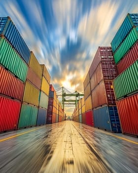 Dramatic view of shipping containers creating a corridor, with vibrant colors and sunset sky.