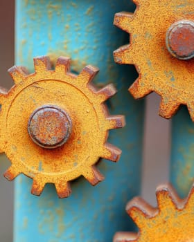 Close-up of weathered orange gears with textured surface against a blurred turquoise backdrop.