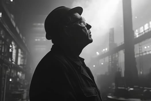 Black and white portrait of an older factory worker in a hat, looking up thoughtfully in an industrial setting.