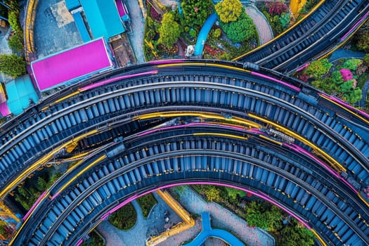 Vibrant roller coaster tracks intertwined with lush greenery, viewed from above, showcasing amusement park design.