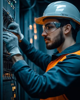 Close-up of a bearded technician wearing safety gear while examining network equipment in a data center.