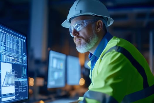 Bearded engineer in safety gear examining digital displays with technical data in a dimly lit control room.