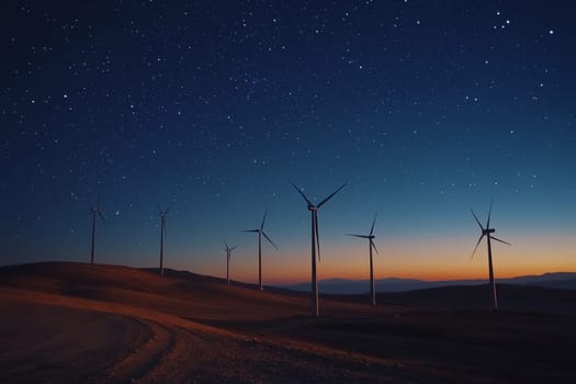 Wind turbines on rolling hills at twilight, with starry sky and sunset glow on horizon.
